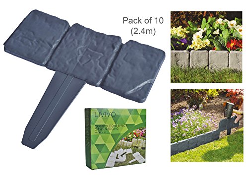Livivo Pack Of 10 Instant Fit Interlocking Cobbled Stone Effect Garden Edging - Stone Effect Garden Border Edging